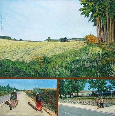 Day 18: Carrión de los Condes to Calzadilla de la Cueza Artist: Barbara J. Sherman Date: 2008 Medium: Acrylic on canvas Dimensions: 16 x 16 in. (40.64 x 40.64 cm) © 2016 Barbara J. Sherman